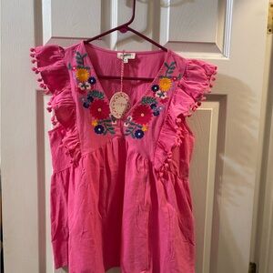 Umgee Fuchsia Embroidered Yoke Top